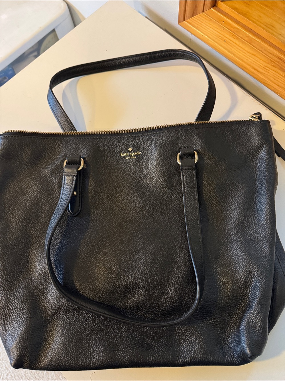 kate spade Black Pebbled Leather Tote with Gold Logo